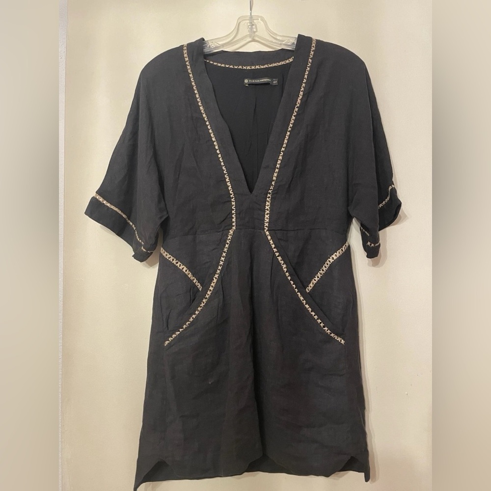 VIX Paula Hermanny Black V-Neck Dress with Tan Stitching S-P Linen cover up